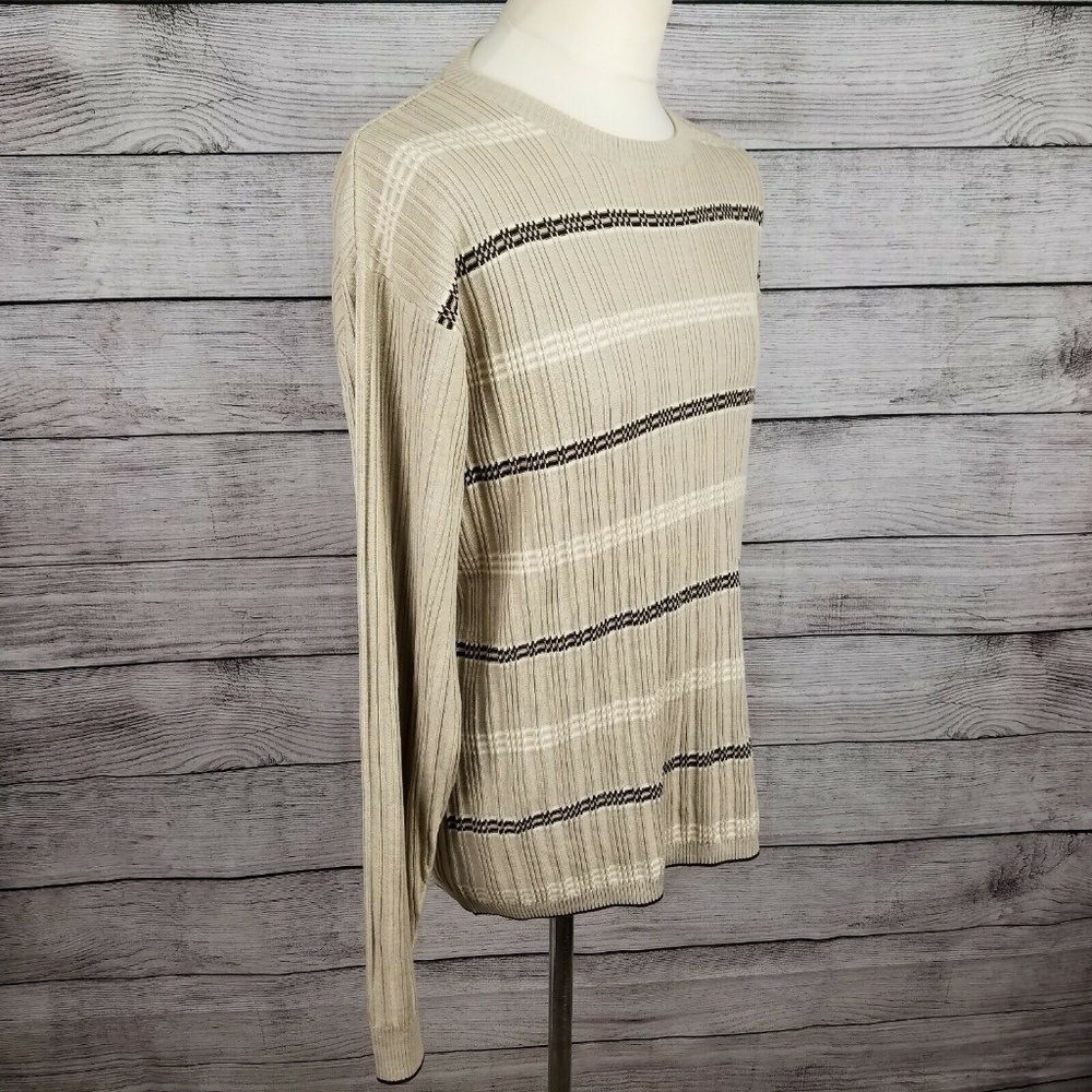 Perry Ellis Silk Sweater Pullover Crewneck Striped Knit Beige Men XL Vintage Y2K